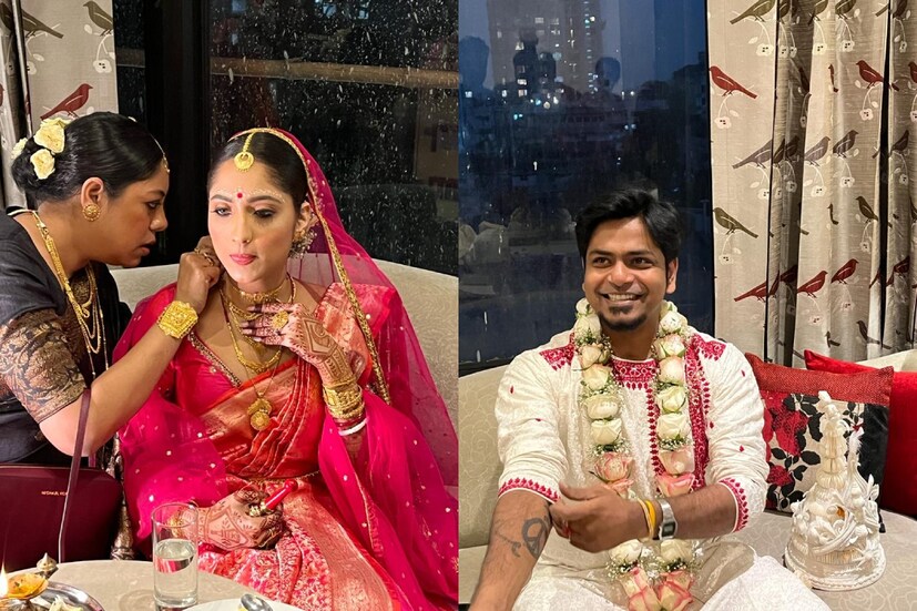 গোধূলি লগ্নে ছিল বিয়ে। লাল বেনারসী আর সোনার গয়নায় সেজে উঠলেন মোহর। বর আসার পর বরযাত্রীর যত্ন নেওয়া হল কনেপক্ষের তরফে। লাল সুতোর কাজ করা সাদা পাঞ্জাবি পরে বিয়ের আসরে পৌঁছলেন দুর্নিবার। গলায় গোলাপের মালা। মুখ ভরা হাসি। 