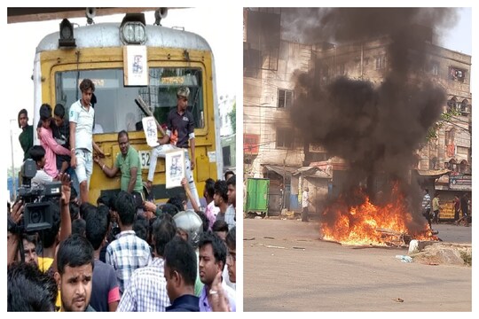 একদিকে রেল অবরোধ, অন্যদিকে বাইকে আগুন৷ ছবি- শঙ্কু সাঁতরা
