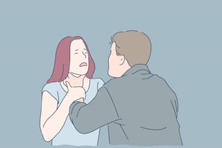 Strangulation, domestic violence, beating, alcohol problem, jealousy concept. Husband in rage tries to strangle his young wife. Psychopath man maniac attacked girl. Distrust, intimidation. Flat vector