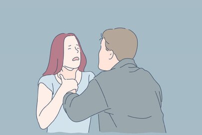 Strangulation, domestic violence, beating, alcohol problem, jealousy concept. Husband in rage tries to strangle his young wife. Psychopath man maniac attacked girl. Distrust, intimidation. Flat vector