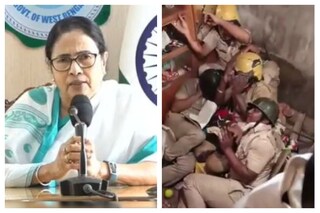 কালিয়াগঞ্জে এ ভাবে পুলিশকর্মীদের প্রাণ ভিক্ষা করতে দেখা গিয়েছে (ডানদিকে)।