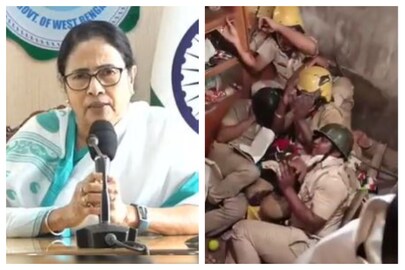 কালিয়াগঞ্জে এ ভাবে পুলিশকর্মীদের প্রাণ ভিক্ষা করতে দেখা গিয়েছে (ডানদিকে)।