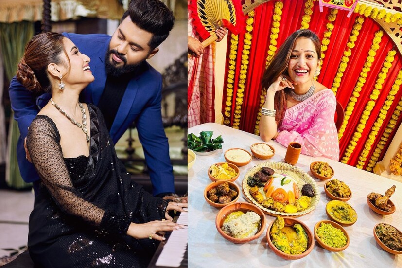 দেখা যাচ্ছে, থালাভর্তি ভাত ও কত রকমের ভাজা! সঙ্গে রয়েছে স্যালাডও। থালার পাশে সাজানো ১৪টি বাটি। তার মধ্যে একটিতে পান। বাকি সবই নানা ধরনের পদ।