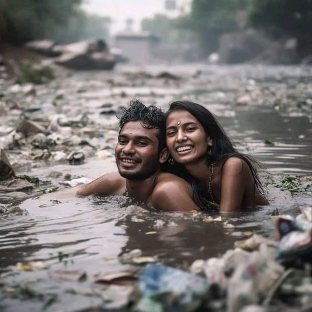 এই ছবিতে দেখা গিয়েছে একজন নয়, পাঁচ জোড়া কাপল তাঁরা প্রি ওয়েডিং শ্যুট করেছেন নোংরা আবর্জনা ভরা পুকুরে! তবে কী নতুন কোনও বার্তা দিতে চেয়েছেন তাঁরা? (photo source Facebook)