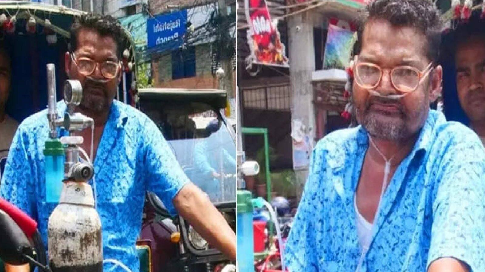 Bangladeshi rickshaw puller sentu with oxygen pipe, বাংলাদেশের