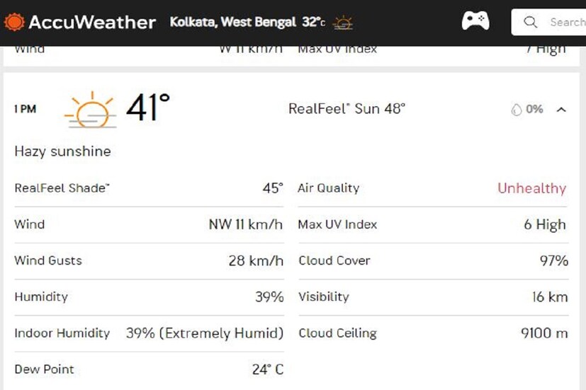 অ্যাকুওয়েদার ওয়েদার আপডেট অনুযায়ি আজ সকালে কলকাতার তাপমাত্রা থাকবে ৪১ ডিগ্রি সেলসিয়াস , বেলা বারোটার সময় এই তাপমাত্রা হওয়ার সম্ভাবনা রয়েছে৷ আজ কলকাতার সর্বোচ্চ আর্দ্রতার পরিমাণ হবে ৭৯ শতাংশ৷