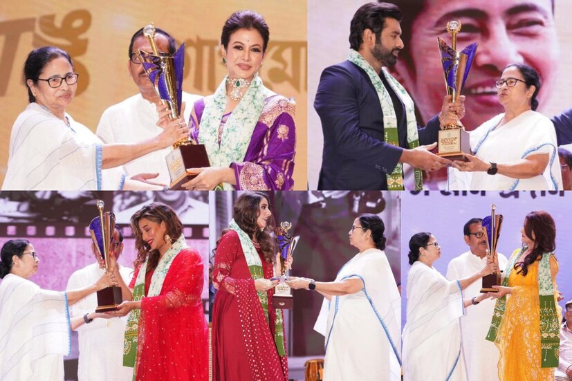 বহু বছর অভিনয় করে বাংলা সিনেমাকে সমৃদ্ধ করার জন‍্য ‘মহানায়ক’ সম্মানে সম্মানিত করা হয়েছে কোয়েল মল্লিক, অঙ্কুশ হাজরা, সায়ন্তিকা বন্দ্যোপাধ্যায়, শ্রাবন্তী চট্টোপাধ্যায় ও শুভশ্রী গঙ্গোপাধ্যায়। ছবি সৌজন‍্যে- মমতা বন্দ্যোপাধ্যায়ের ফেসবুক পেজ