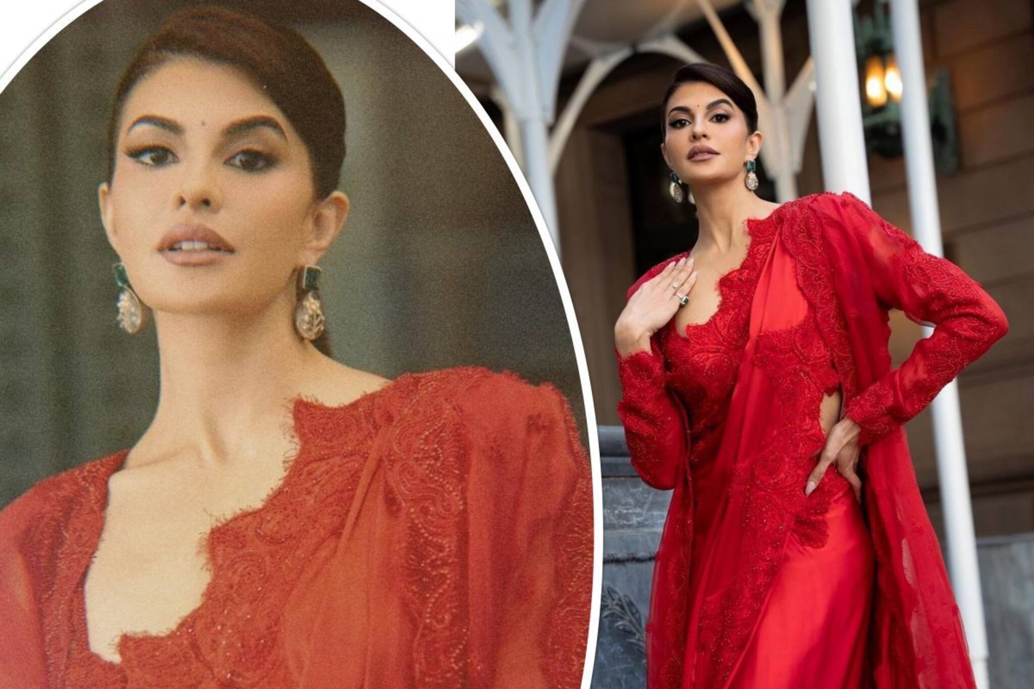 সদ্য বিদেশ যাওয়ার অনুমতি মিলেছে, নিউ-ইয়র্কে লাল শাড়িতে তাক লাগালেন জ্যাকলিন