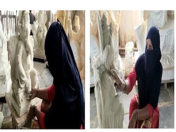 হিন্দুদের এই উৎসব উদযাপনে একজন মুসলিম মহিলা শিল্পী নিজের মনপ্রাণ দিয়ে মূর্তি তৈরিতে ব্যস্ত