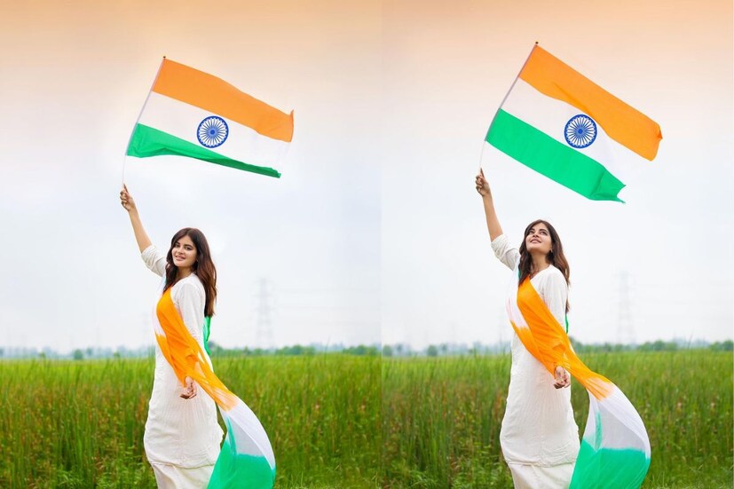 সাদা রঙের চুড়িদার, তেরঙ্গা ওড়নায় নজর কাড়লেন মধুমিতা সরকার। হাতে দেশের পতাকা। 
