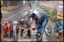 রাস্তার কাজ শেষ না হতেই তার উপর ধানের চারা রোপণ করলেন গ্রামবাসীরা