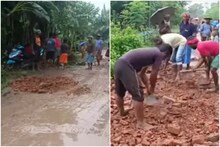 দীর্ঘদিন বেহাল রাস্তা, প্রশাসনের নেই হেলদোল, গ্রামবাসীরাই নিজেরাই শুরু করল সারাই