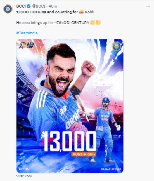 ১৩ হাজার রান পূরণ করার পর সোশ্যাল মিডিয়ায় বিরাট কোহলিকে শুভেচ্ছা জানায় ভারতীয় ক্রিকেট বোর্ড। বিরাট কোহলির ১৩ হাজার রানের একটি ছবি শেয়ার করে বিসিসিআই। শুভেচ্ছা জানানো হয় ৪৭ তম শতরানেরও।