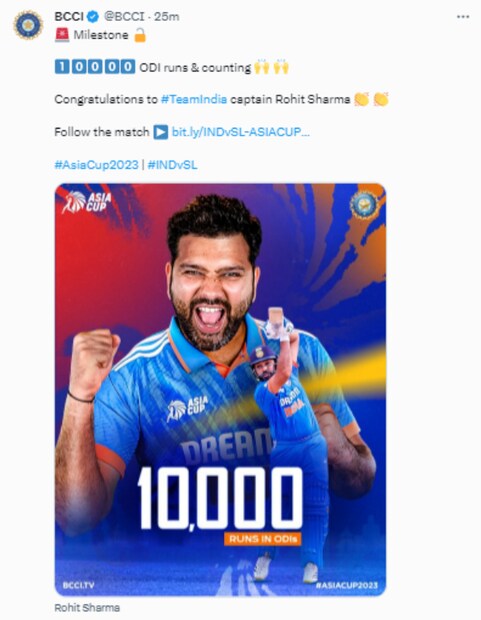 রোহিত শর্মা ১০ হাজার রানের মাইলফলক স্পর্শ করার পর ভারতীয় ক্রিকেট বোর্ড শুভেচ্ছা জানান রোহিত শর্মাকে। ফ্যানেরাও শুভেচ্ছা জানাচ্ছেন তাদের প্রিয় তারকাকে।