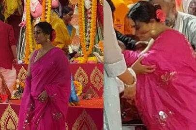 ফোনে মন, মণ্ডপের সিঁড়ি থেকে পড়লেন কাজল! মুখোপাধ্যায় বাড়ির পুজোর ভিডিও ভাইরাল