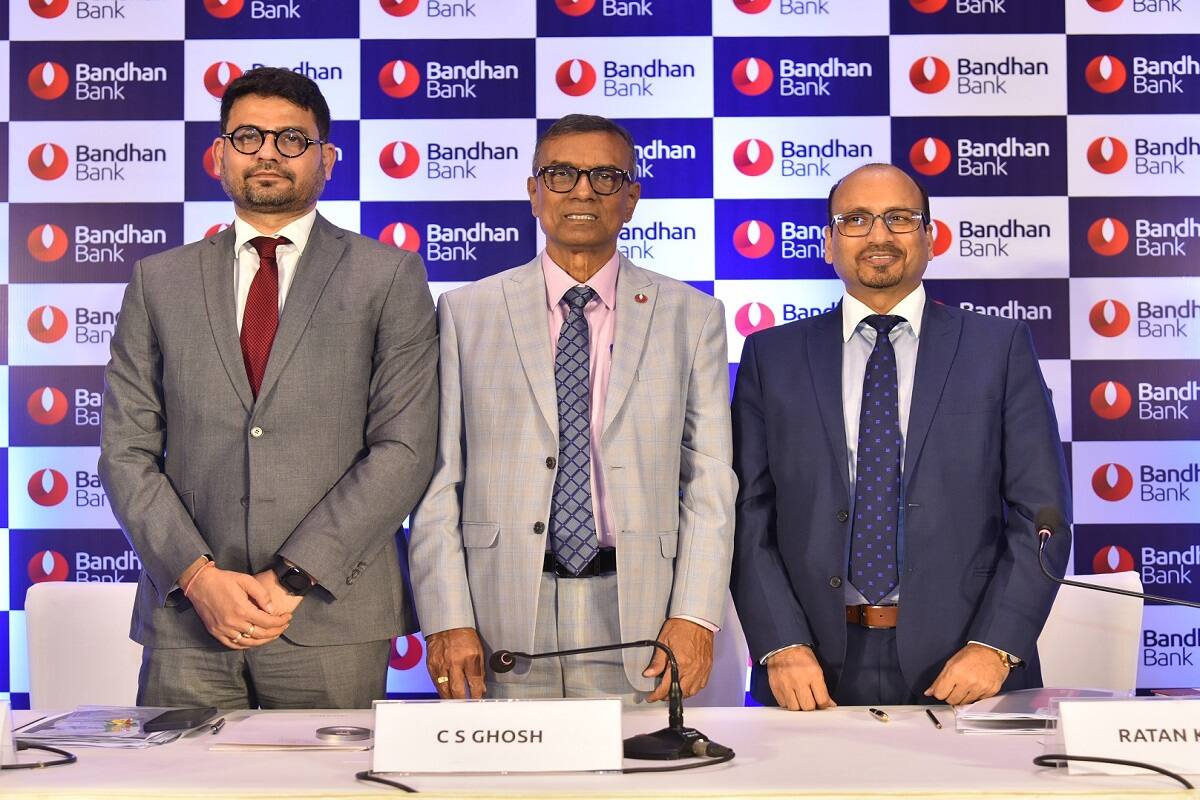 (L-R) Sunil Samdani, CFO, Bandhan Bank, Chandra Shekhar Ghosh, MD & CEO, Bandhan Bank, Ratan Kumar Kesh, Executive Director, Bandhan Bank