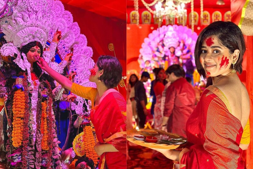 উৎসবের শেষবেলায় দিতিপ্রিয়াও মাতলেন সিঁদুর খেলায়, করলেন দেবীবরণ। দশমীর আবহে গাল ভর্তি সিঁদুরে টুকটুকে হয়ে উঠলেন তিনি।