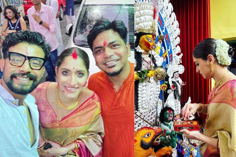 লাল পাড় সোনালী শাড়িতে সাবেকি সাজে ধরা দিয়েছিলেন মোহর, পাঞ্জাবিতে দুর্নিবার। 