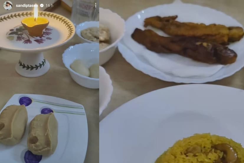  ফিশ ফ্রাইও বাদ যায়নি। শেষ পাতে আবার বাহারি সব মিষ্টি। কোনও কিছুতেই না নেই হবু কনের।