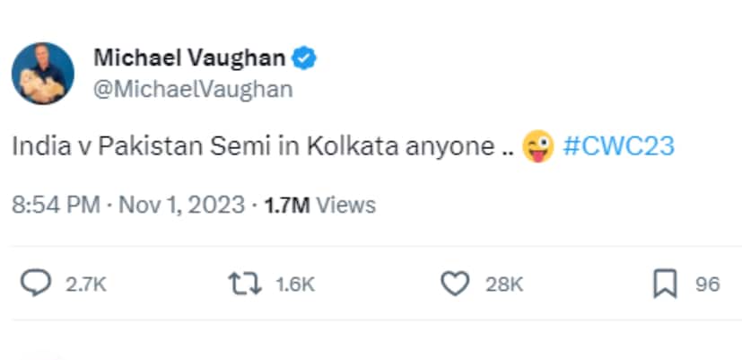 মাইকেল ভন এক্স অ্যাকাউন্ট (পূর্বে ট্যুইটার)-এ লিখেছেন, ‘কেউ কি মনে করেন ভারত বনাম পাকিস্তানের সেমিফাইনাল ম্যাচটি কলকাতায় অনুষ্ঠিত হবে?’ এই পোস্ট নেট দুনিয়ায় ঝড় তুলতে বেশি সময় নেয়নি। অনেক নেটিজেন তো ৯-০ বলে কমেন্টও করেছেন।
