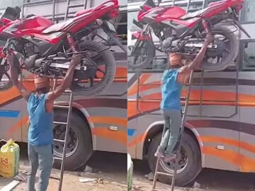 একহাতে বাইক তুলে অবলীলায় ভাঙছেন সিঁড়ি