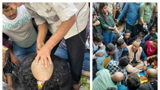 মাথা মুড়িয়ে প্রতিবাদ মহিলা চাকরিপ্রার্থীর৷ ধরনা মঞ্চে কুণাল ঘোষ (ডানদিকে)৷