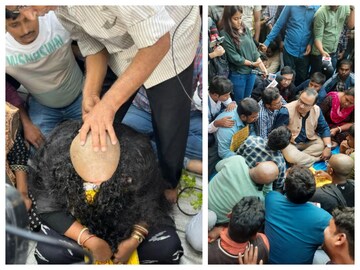 মাথা মুড়িয়ে প্রতিবাদ মহিলা চাকরিপ্রার্থীর৷ ধরনা মঞ্চে কুণাল ঘোষ (ডানদিকে)৷