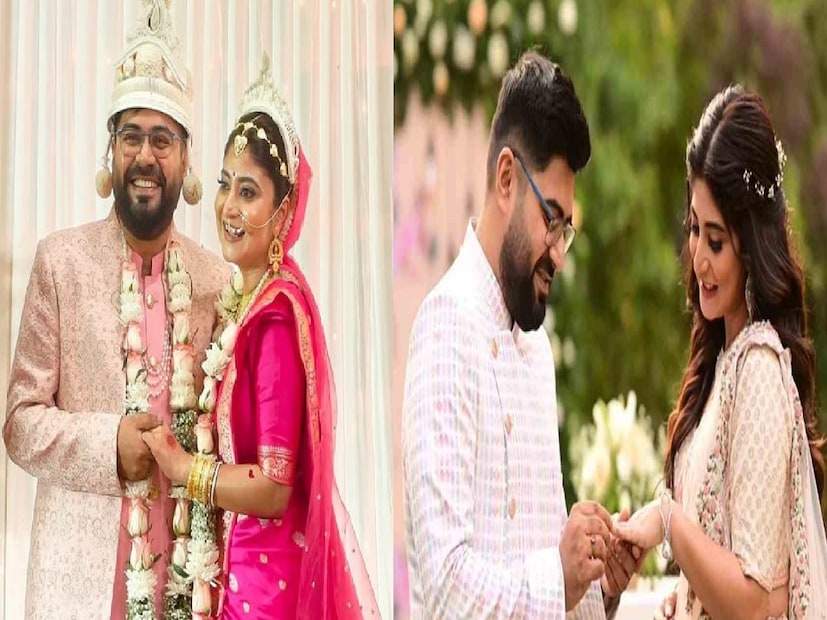 দুধে আলতা বেনারসিতে সেজে উঠেছেন সন্দীপ্তা। তার সঙ্গে মানানসই সোনার গয়না। কপালে চন্দনের সাজ। হালকা মেকআপ। মুখে উজ্জ্বল হাসি। সব মিলিয়ে নববধূর থেকে চোখ ফেরানো দায়।