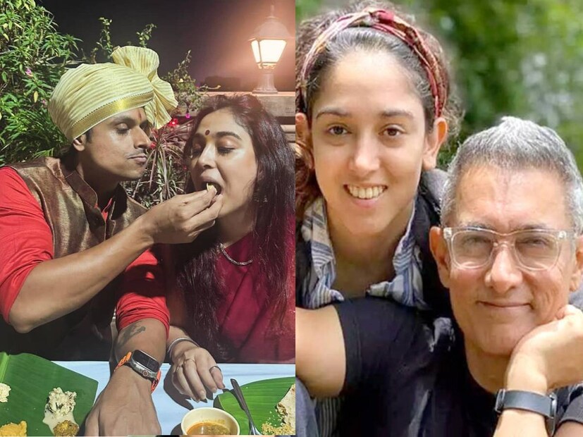 বর-কনে একে অপরকে খাইয়ে দিচ্ছেন নিজের হাতে। তাঁদের সামনে রয়েছে কলাপাতা। আর তাতে দেখা যাচ্ছে, দোসা, সম্বর, মোদক, কিছু ভুজিয়া, হালুয়া এবং চাটনি।