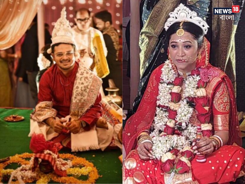 একসঙ্গে থিয়েটার করতে গিয়েই সম্পর্কে জড়ান সত্যম এবং শাশ্বতী। বিয়েতে বাঙালি বরের সাজে দেখা সত্যম ভট্টাচার্যকে। অপরদিকে, শাশ্বতীর পরনে ছিল লাল বেনারসি শাড়ি। (ছবি সৌজন‍্য- সোশ‍্যাল মিডিয়া)