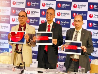 (L-R) Abhijit Ghosh, CFO (Interim), Bandhan Bank; Chandra Shekhar Ghosh, MD & CEO, Bandhan Bank and Ratan Kumar Kesh, Executive Director, Bandhan Bank at a press conference in Kolkata