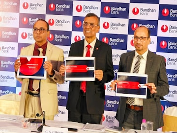 (L-R) Abhijit Ghosh, CFO (Interim), Bandhan Bank; Chandra Shekhar Ghosh, MD & CEO, Bandhan Bank and Ratan Kumar Kesh, Executive Director, Bandhan Bank at a press conference in Kolkata
