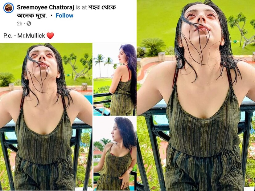 কখন তাঁর ছবির ব্যাকগ্রাউণ্ড থেকে উঁকি দিচ্ছে সমুদ্র, আবার কখনও মেঘের খেলা। কখনও বৃষ্টি। শ্রীময়ী তাকিয়ে রয়েছেন সমুদ্রের দিকে। 