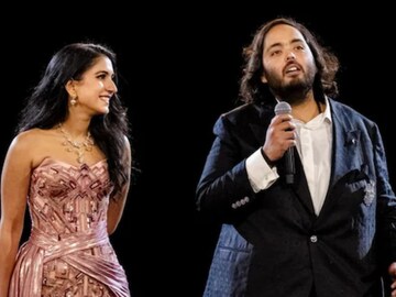 Anant Ambani and Radhika Marchant during their pre-wedding bash in Jamnagar on March 1, 2024. (PTI)