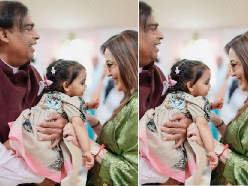 মুকেশ আম্বানি ও তাঁর স্ত্রী রিলায়েন্স ফাউন্ডেশনের চেয়ারপার্সন নীতা আম্বানি তাঁদের মেয়ে ইশার কন্যা আদিয়ার সঙ্গে খেলছেন।