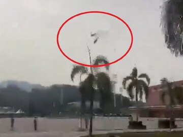Two helicopters of the Royal Malaysian Navy collided while rehearsing for an event near Kuala Lumpur. (Image: @Megatron_ron/X)