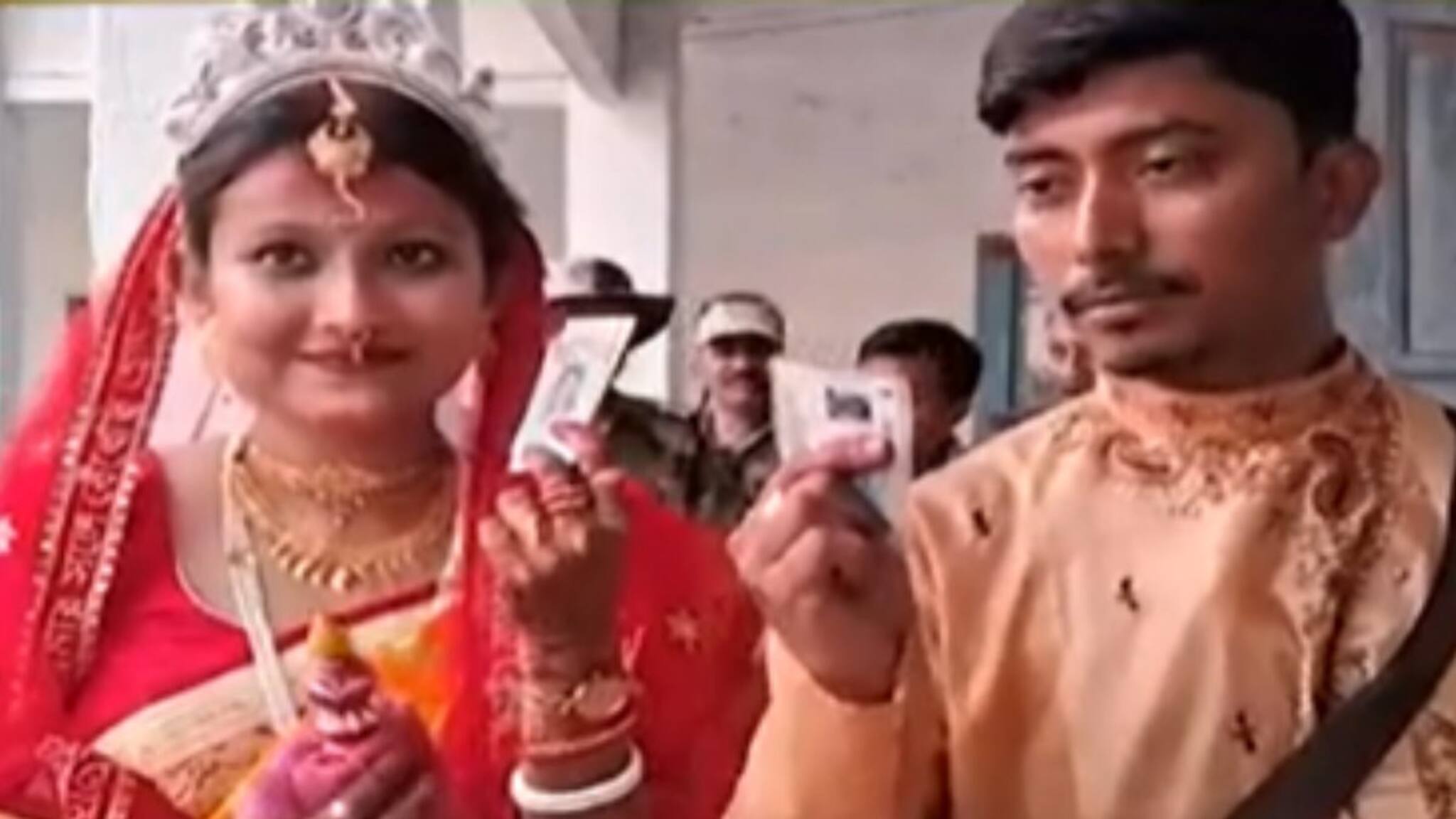 বিয়ে সেরেই বর-কনের সাজে ভোটকেন্দ্রে নবদম্পতি, মুহূর্তে ঝড় তুলল ভিডিও