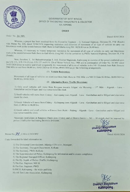 এই রাস্তায় পণ্যবাহী গাড়ি রাত ৯ টা থেকে সকাল ৬ টা পর্যন্ত চলাচল করবে। পণ্যবাহী গাড়ি এবং ছোট যানবাহন রেসি, পেডং আলগারাহ লাভা গোরুবাথান রুটে, শিলিগুড়ি এবং এর বিপরীতে চব্বিশ ঘণ্টা চলাচল করবে। (তথ্য:  অনির্বাণ রায়)