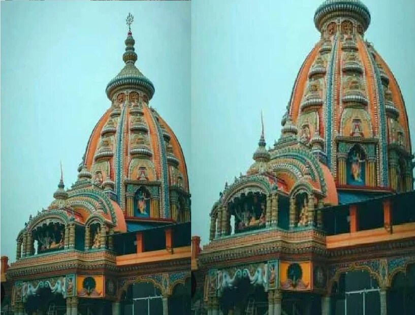*এই ত্রিধারা মিলন মন্দিরের প্রবেশ তোরণে মাতা যশোদা ও শিশু কৃষ্ণের লীলা প্রভৃতি নানান পৌরাণিক দৃশ্য। এই প্রবেশ তোরণ পেরোলেই পাবেন রাধাকৃষ্ণের মন্দির। ত্রিধারা মিলন মন্দিরের ভেতর অবস্থিত রাধাকৃষ্ণের মন্দিরের বাইরে সেগুন কাঠ নির্মীত খুব সুন্দর কারুকার্য খচিত সিলিংয়ে রয়েছে বিশালাকার ঝাড়বাতি। সংগৃহীত ছবি। 