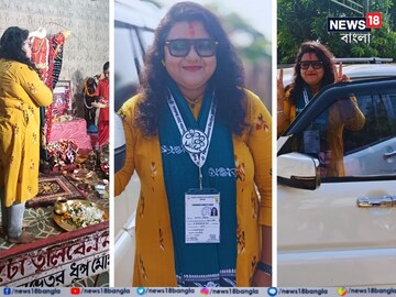 হাসিমুখে ক্যামেরায় 'ফটোসেশন'...! ভোটের সকাল সকাল মন্দিরে পুজো তৃণমূল প্রার্থীর