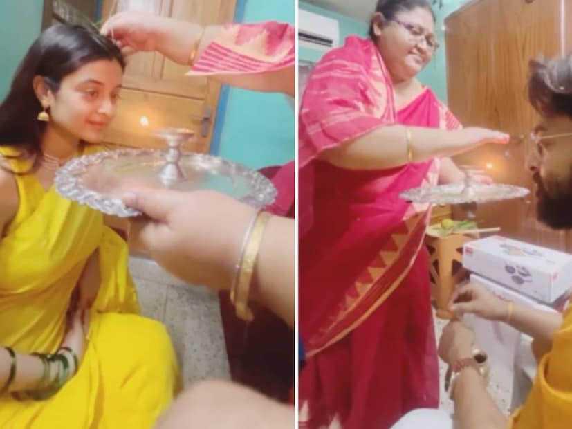 এরপর সময় হল খানাপিনার। রুপোর থালা, বাটি এবং কাঁসার গ্লাসে বর-কনের জন্য খাবার সাজানো হয়েছে। একাধিক বাঙালি পদ রান্না করা হয়েছে জামাই-আদরের জন্য।