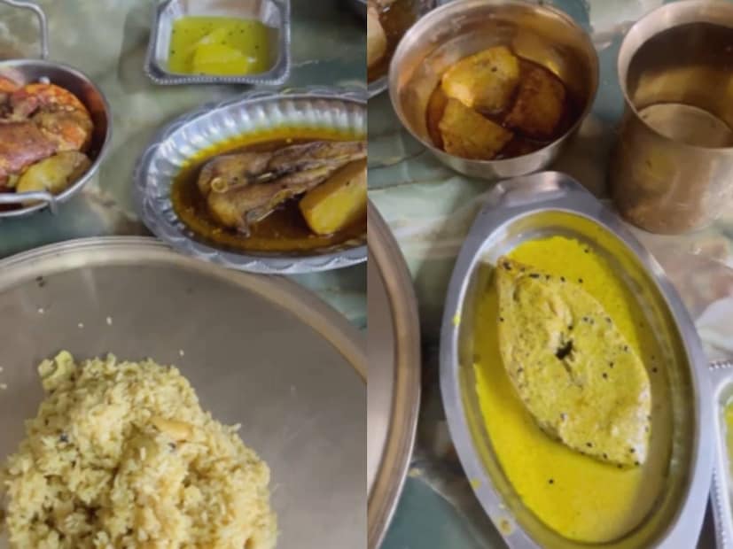 মাছের বাহার দেখতে পাওয়া যাবে মেয়ে-জামাইয়ের থালায়। ইলিশ মাছ, চিংড়ি মাছ, চিতল মাছের পেটি, কষা পাঁঠার মাংস ছিল আজকের মেনুতে।