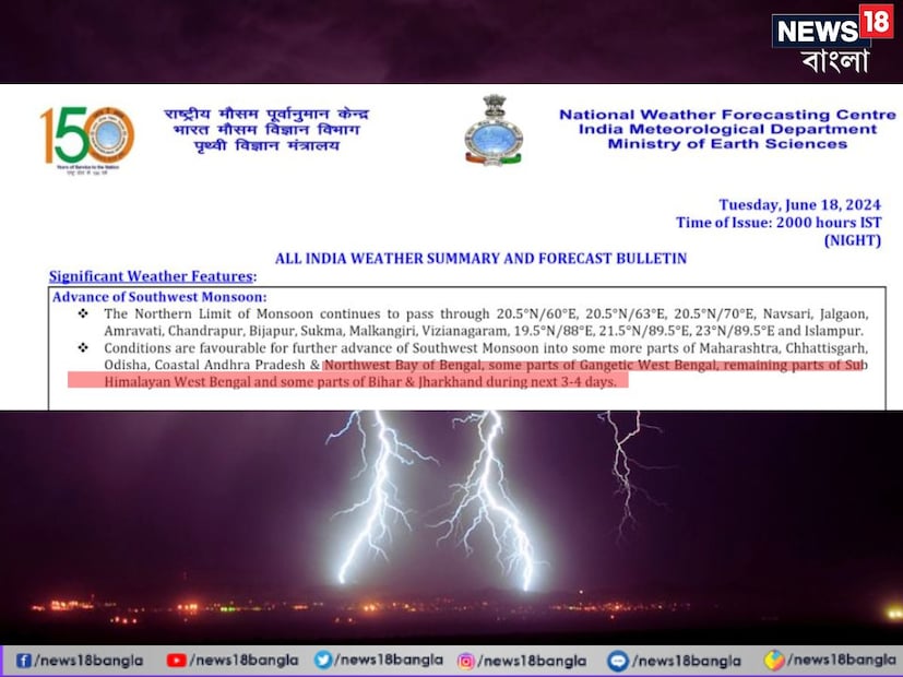 আইএমডি-র সর্বশেষ ওয়েদার আপডেটে মৌসুমী বায়ুর অগ্রগতির লেটেস্ট আপডেট পাওয়া গেছে৷ সেই ওয়েদার আপডেট অনুসারে আগামী ৩-৪ দিনের মধ্যে মৌসুমী বায়ু দক্ষিণবঙ্গে বিস্তার লাভ করবে৷ Photo Courtesy- IMD Bulletine