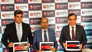 (L-R) Rajeev Mantri, CFO, Bandhan Bank; Ratan Kumar Kesh, MD & CEO, Bandhan Bank, and Rajinder Kumar Babbar, Executive Director, Bandhan Bank at a press conference in Kolkata.