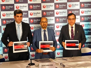 (L-R) Rajeev Mantri, CFO, Bandhan Bank; Ratan Kumar Kesh, MD & CEO, Bandhan Bank, and Rajinder Kumar Babbar, Executive Director, Bandhan Bank at a press conference in Kolkata.