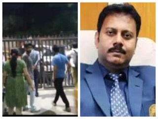 সন্দীপ ঘোষের (ডানদিকে) প্রবেশ আটকাতে ন্যাাশনাল মেডিক্যালের গেটে পাহারায় পড়ুয়ারা৷ 