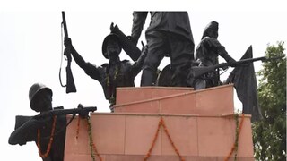 Statue of Netaji Subhas Chandra Bose flanked by his INA compatriots at the 'Netaji Subhash Park' seen in Old Delhi.