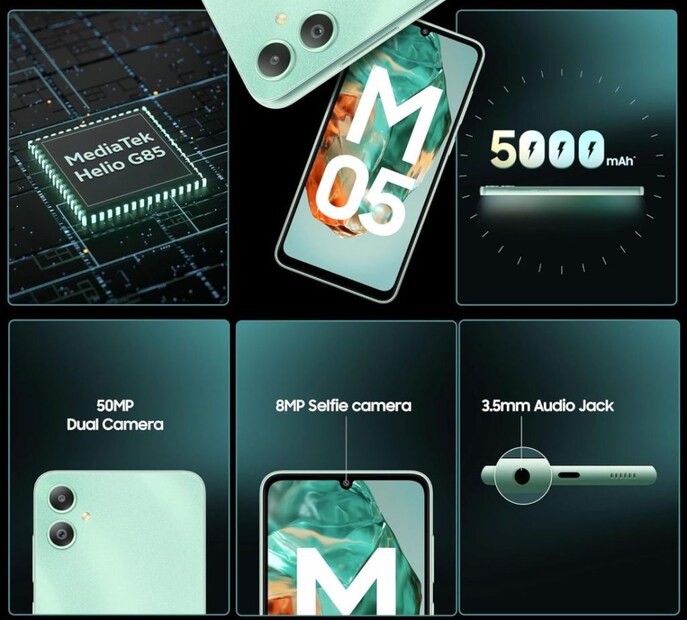Samsung Galaxy M05 ফোনের বিল্ড প্লাস্টিকের, এটি ৮.৮ মিমি পুরু এবং ১৯৩ গ্রাম ওজনের। ফোনটি ডুয়াল 4G VoLTE সমর্থন করে এবং এমনকি একটি ৩.৫ মিমি হেডফোন জ্যাক রয়েছে। এটি একটিই রঙে পাওয়া যায় - তা হল মিন্ট গ্রিন। Samsung Galaxy M05 ফোন স্যামসাং ইন্ডিয়ার অফিসিয়াল ওয়েবসাইট, অ্যামাজন এবং নির্বাচিত খুচরো দোকান থেকে ৭,৯৯৯ টাকায় কেনা যাবে।