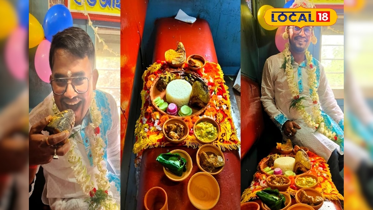 পাঞ্জাবীর সঙ্গে টোপর রজনীগন্ধার মালায় সেজে চলন্ত বনগাঁ লোকালে সহযাত্রীদের কাছে আইবুড়ো ভাত খেলেন হবু বরAiburobhat inside Bangaon Local pre wedding menu organised by copassengers