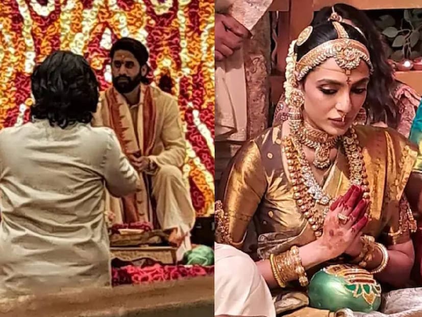 বিয়ের দিন রাজসিক সাজে ওঠেন নাগা-শোভিতা। বরের পরনে ঘিয়ে রঙের ধুতি, পাঞ্জাবি এবং উত্তরীয়। কনে সেজে উঠেছেন সোনালি রঙের শাড়িতে। চোখ ধাঁধানো গয়নায় মুড়ে রয়েছেন অভিনেত্রী।